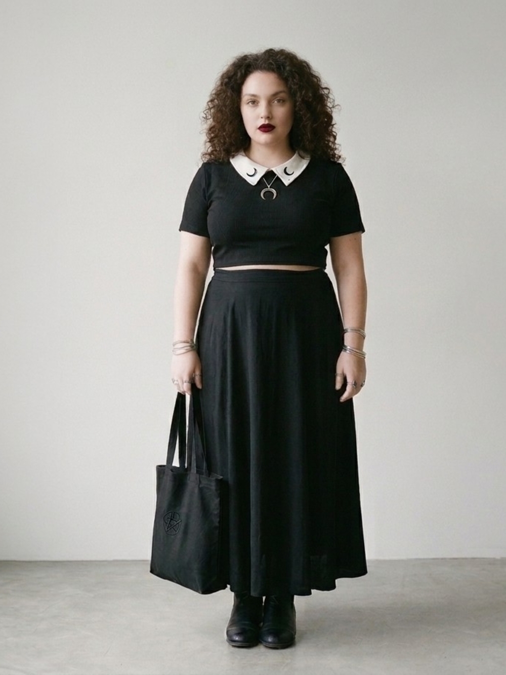 SHEIN Curve Black Rib Knit Crop Top White Moon Collar 2XL